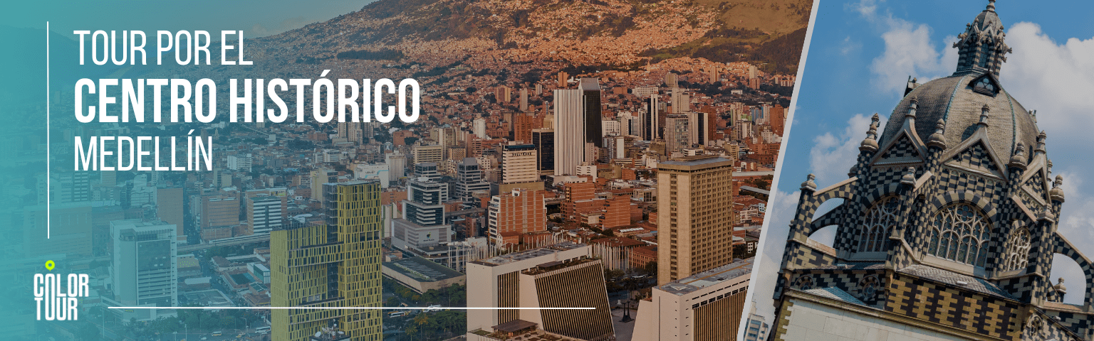Vista desde arriba del centro de Medellín y el Palacio Nacional.