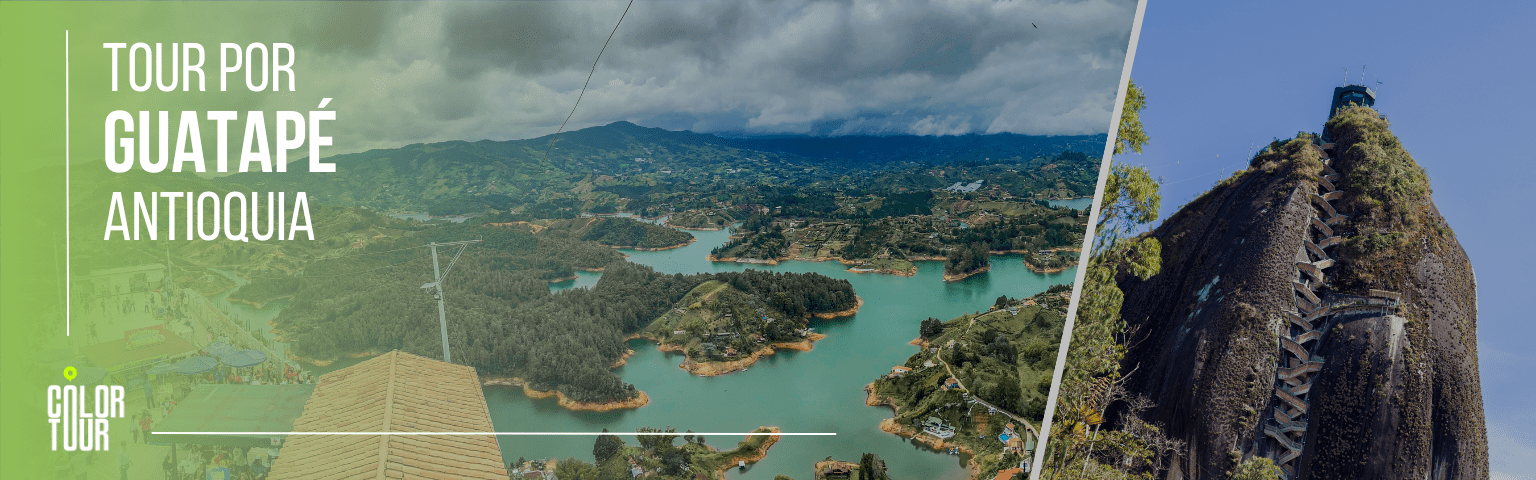 Vista desde el cielo de la represa de Guatapé y la Piedra del Peñol